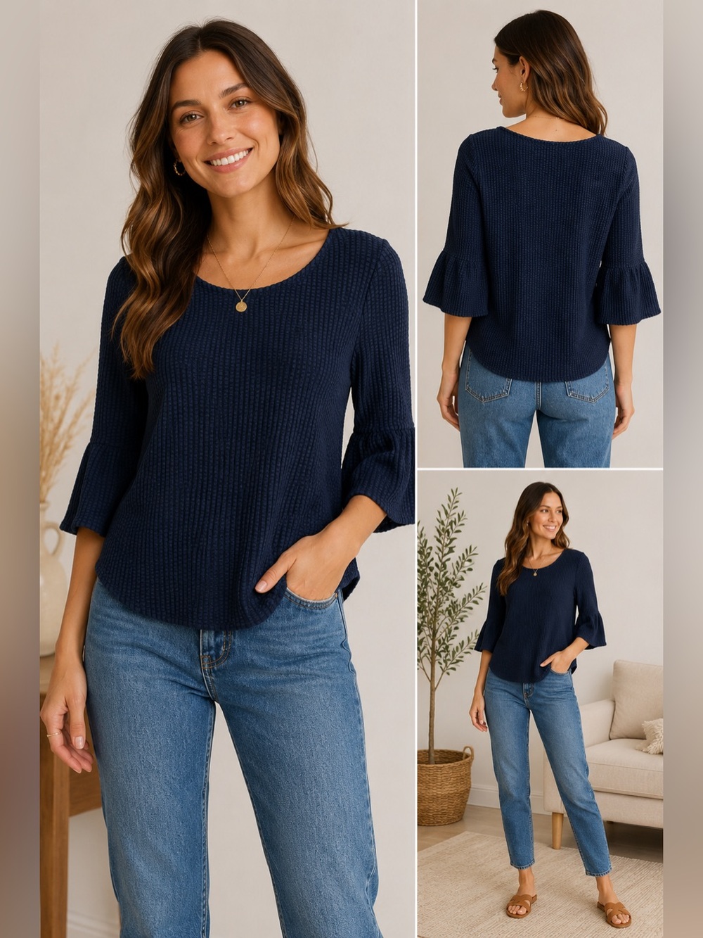 Green Envelope Los Angeles Navy Textured Bell Sleeve Top Small